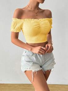 Rafferiza 女士纯色性感露肩纹理百搭短款T恤 - 黃色 - 查看 6