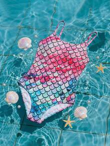 SHEIN Tween Girl Mermaid Scale Print One-Piece Swimsuit, Suitable For Pool, Summer Beach And Surfing - Multicolor - View 2