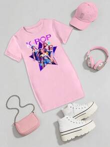 Spring, Summer & Autumn Young Girls Casual Fashionable Creative Personalized Refreshing Minimalist Cute Kawaii Cartoon Cat Princess Heart Sequin Graphic Letter Slogan Print Relaxed T-Shirt Dress, Comfortable Daily Wear Cozy Summer & Fall Styles Suitable For Spring, Summer, Autumn - Multicolor - View 3