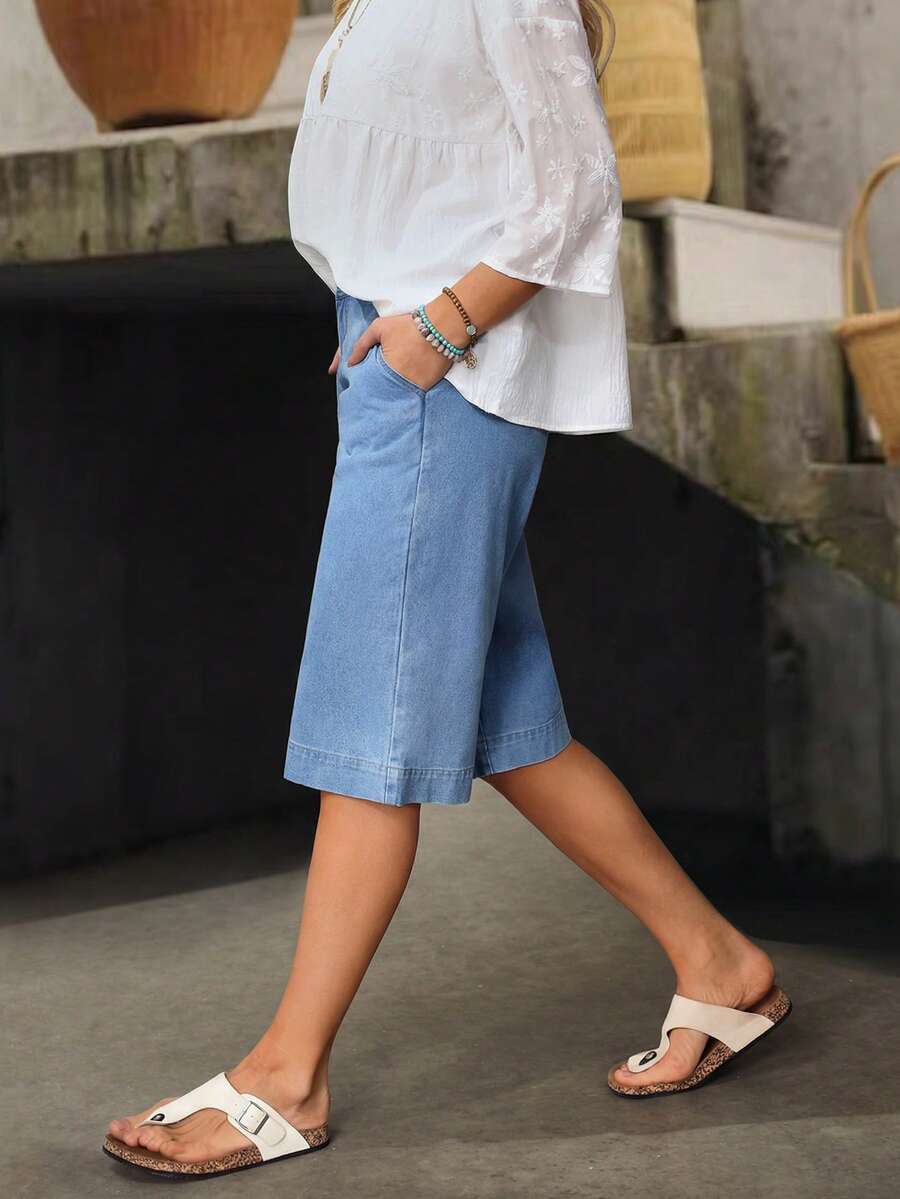 EMERY ROSE 女士纯色斜插口袋休闲百搭牛仔短裤 - 藍色 - 查看 1