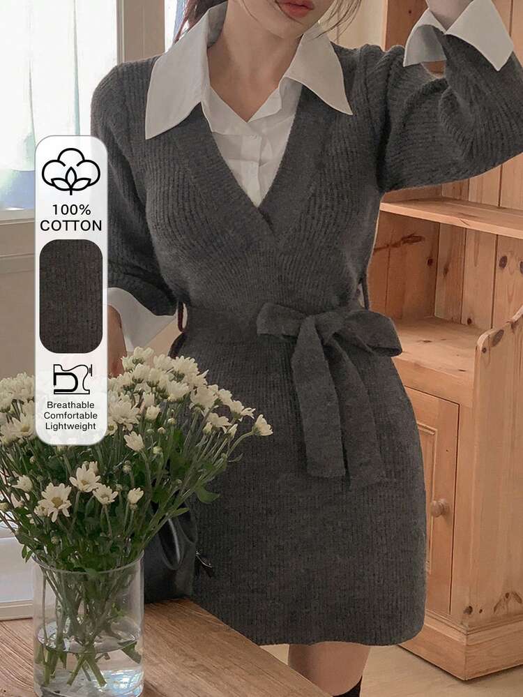 Women's Collared Tie-Waist Sweater Dress