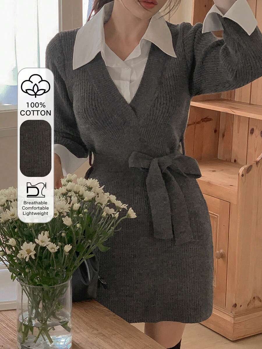 DAZY Women's Collared Tie-Waist Sweater Dress - Grey - View 1