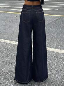 DAZY 女士宽松直筒水洗原色牛仔裤 Y2k - 藍色 - 查看 3