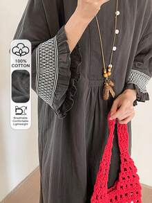 FRIFUL Đầm dài nữ màu trơn, cài nửa cổ áo, cúc tay tương phản, đường may tương phản, gấu đầm xòe trang trí, dáng rộng thoải mái, đa năng. - Xám - Xem 2