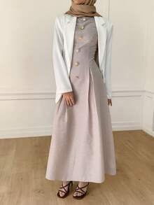 Solavon 女士优雅度假风条纹印花金属扣装饰无袖褶裥腰连衣裙，夏季 - 杏色 - 查看 4