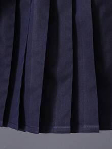 SHEIN Playful Pals 3件套幼儿女童刺绣小马条纹衬衫，搭配藏蓝色百搭舒适披肩和同色系百褶裙，打造时尚休闲街头风夏季穿搭，女童夏季套装，女童套装，幼儿女童校服裙装套装，女童夏季服装 - 藍色 - 查看 8