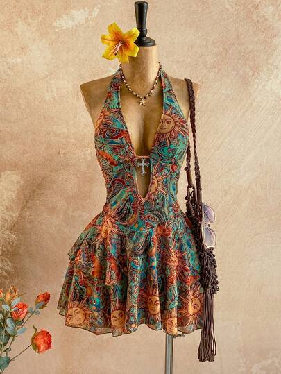 Soleia Vestido mini con escote en V, decoración cruzada, recorte hueco, cuello halter, espalda descubierta, tela texturizada, multicapa, bajo irregular, adecuado para fiesta, Navidad, cita, discoteca, playa, crucero, té de la tarde, estilo bohemio, vacaciones, otoño, ropa de mujer, vintage