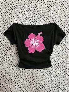 Attitoon Women's Casual Ruched Waist One-Shoulder Fitted Short Sleeve T-Shirt, Floral Print Pattern, Suitable For Summer - Black - View 4