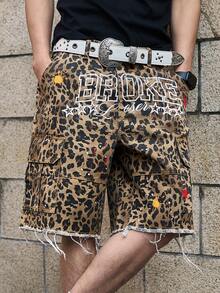 Manfinity Roghcode Men's Leopard Print Pocket Distressed Casual Everyday Wide Leg Denim Shorts - Medium Wash - View 4