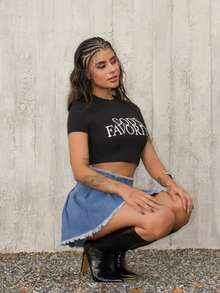 女士褶皺和毛邊丹寧裙 - 淺色水洗藍 - 查看 5