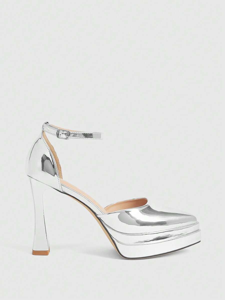 CUCCOO LuxiPop 女士时尚优雅尖头厚底踝带高跟鞋 - 銀色 - 查看 1