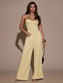 SHEIN BAE Women's Casual Solid Color Basic Sleeveless Bodysuit, Summer - Yellow - View 3