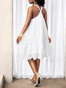 BamGleam Gerafftes Neckholder-Kleid mit weiter Passform und fließendem Stoff, Stickerei aus Baumwolle für Damen, geeignet für Party, Urlaub, Alltag, Frühling/Sommer - Weiss - Übersicht 2