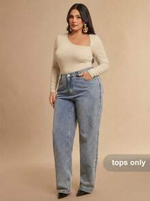 SHEIN BAE Plus Size Women Solid Color Long Sleeve Asymmetric Collar Bodysuit - Apricot - View 5