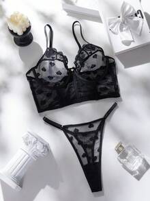 Valentine's Day Heart Mesh & Lace Underwire Bra With Matching Thong Panty Set