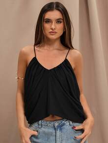SHEIN BAE Top casual sin mangas con cuello en V negro, diseño drapeado, bajo fruncido, top sexy, adecuado para salidas y citas, primavera/verano - Negro - Ver 5