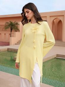 Graceveil 1pc Women's Solid Color Round Neck Textured 3D Floral Split Asymmetrical Long Sleeve T-Shirt - Yellow - View 5