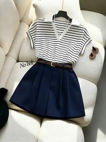 Franclia 新款条纹短袖上衣和藏蓝色短裤两件套，女士春夏款 - 彩色 - 查看 1