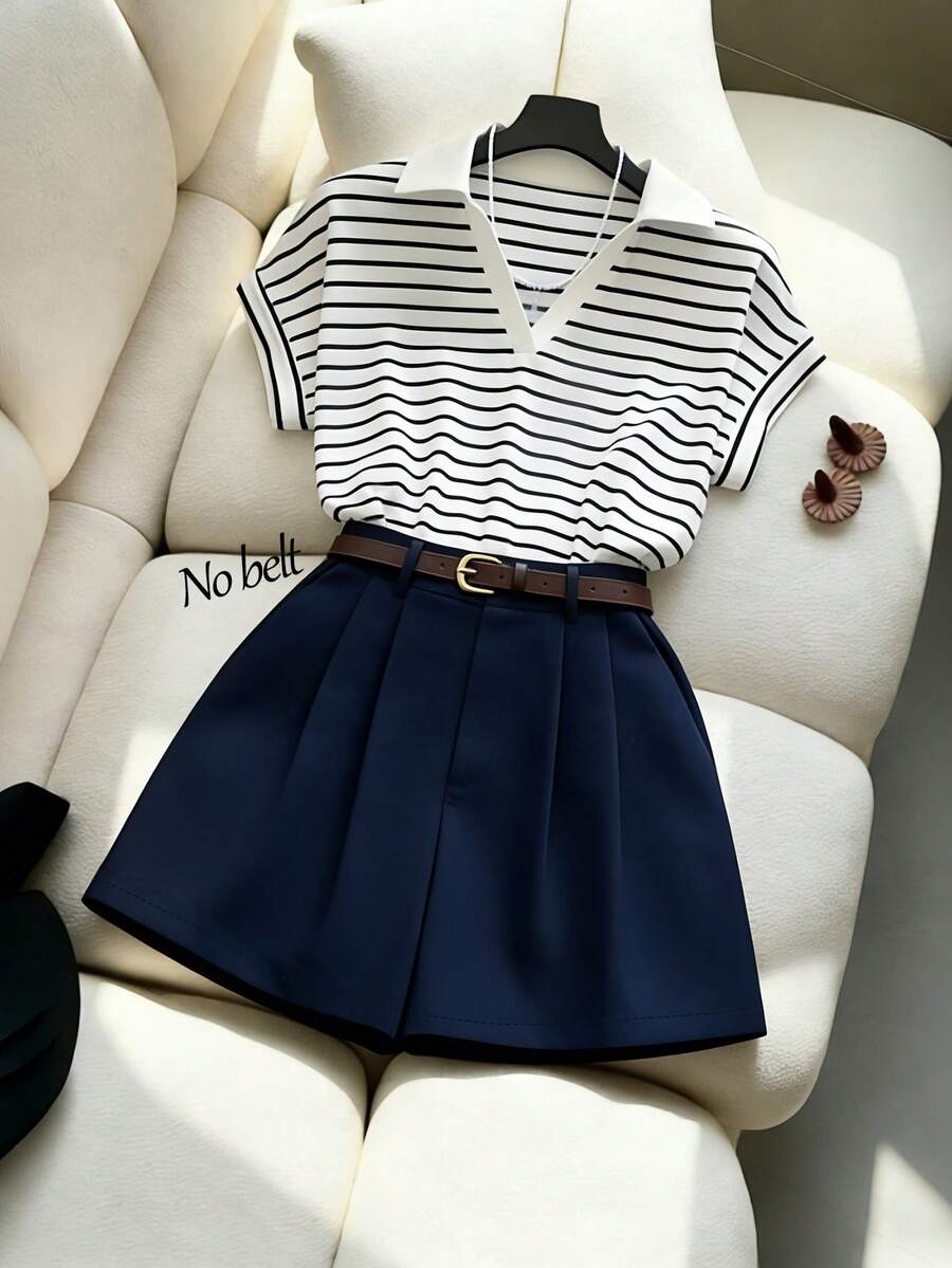 Franclia 新款条纹短袖上衣和藏蓝色短裤两件套，女士春夏款 - 彩色 - 查看 1