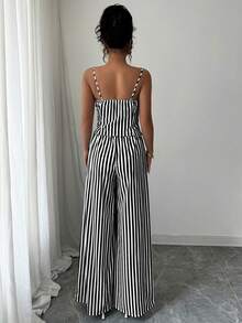 Elenzga Women's Striped Asymmetric Hem Camisole Top And Wide Leg Pants Casual 2 Pieces Set - Black - View 2