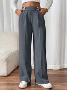 SHEIN Frenchy 女士双扣直筒优雅办公裤 - 灰色 - 查看 3