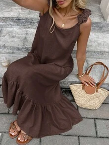 Serisse Vestido casual de vacaciones con volantes en el bajo y espalda descubierta de unicolor para mujer - Café integral - Ver 6