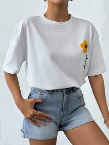 SHEIN 100%純棉大尺碼女款休閒短袖白色T恤，附刺繡細節 - 白色 - 查看 4