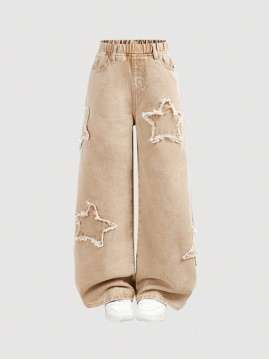 Girlism Calça jeans feminina de corte reto e folgado com estampa de estrelas desfiadas, rosa. - Caqui - Ver 1
