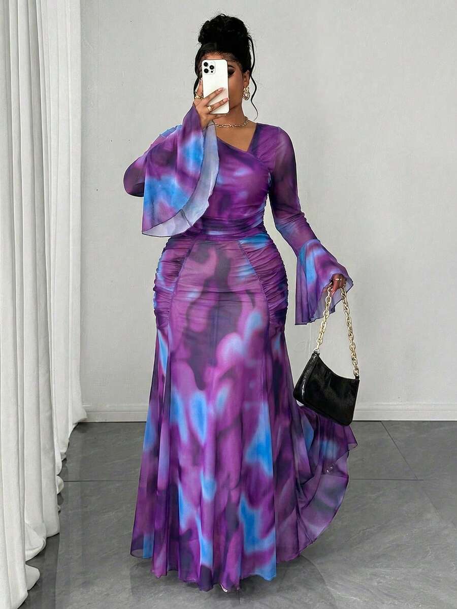 Maweii Plus Size Women's Sexy Semi-Sheer Extra Long Digital Split Ruched Oblique Shoulder Long Sleeve Dress, Spring/Autumn/Winter - Multicolor - View 1