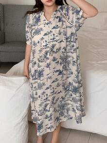 DAZY Tween Girls' Allover Print Notched Neck Puff Sleeve Loose Nightgown, Summer