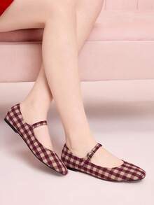 CUCCOO DOLLMOD Sepatu Flat Wanita Ujung Bulat Nyaman dengan Pita Merah Muda Modis dan Elegan, Sepatu Musim Semi, Liburan Musim Semi, Paskah, Hari Valentine - Grid ganda merah dan putih - View 4