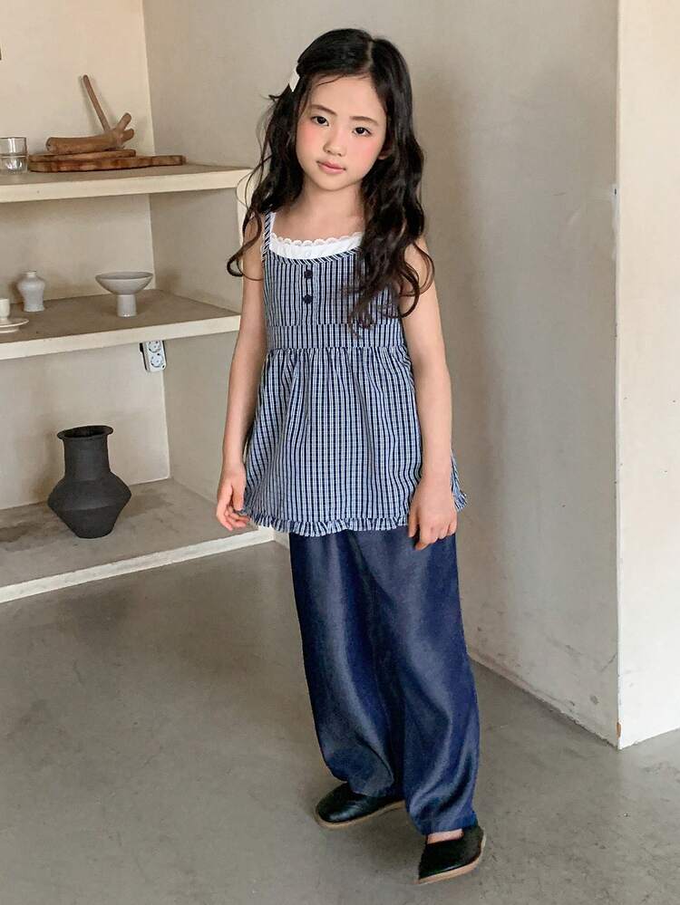 Young Girl Contrast Lace Button Design Striped 2 In 1 Camisole Summer