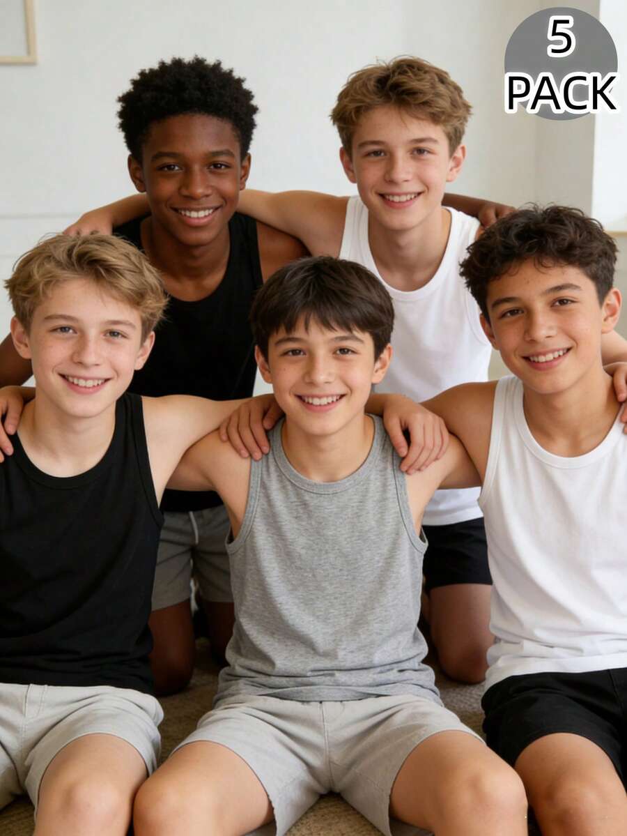 5-Pack Boys' Comfortable Casual Solid Color Sleeveless Crew Neck Undershirt Vest, Basic Essential, Suitable For All Seasons, Minimalist Design For Easy Matching, Stretchy Knit Fabric, Machine Washable Boys Sleeveless Tops - Multicolor - View 1