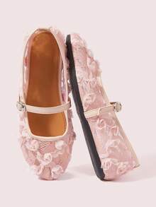 CUCCOO DOLLMOD 粉色蕾丝花卉透气玛丽珍平底鞋，舒适通勤女鞋，温柔仙气百搭鞋 - 粉色 - 查看 2