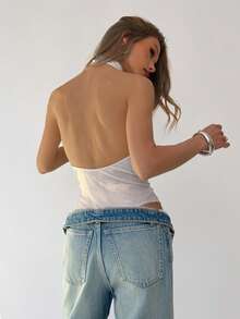 Aloruh 女士Y2K性感露背挂脖连体衣，银色涂层，适合音乐节 - 銀色 - 查看 3