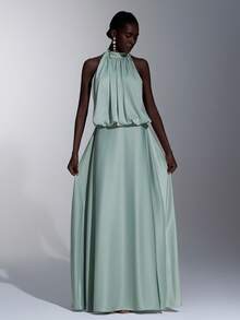 Elitara Elegant Floral Halter Neck Backless A-Line Bridesmaid Dress, Light Green & Yellow - Green - View 7