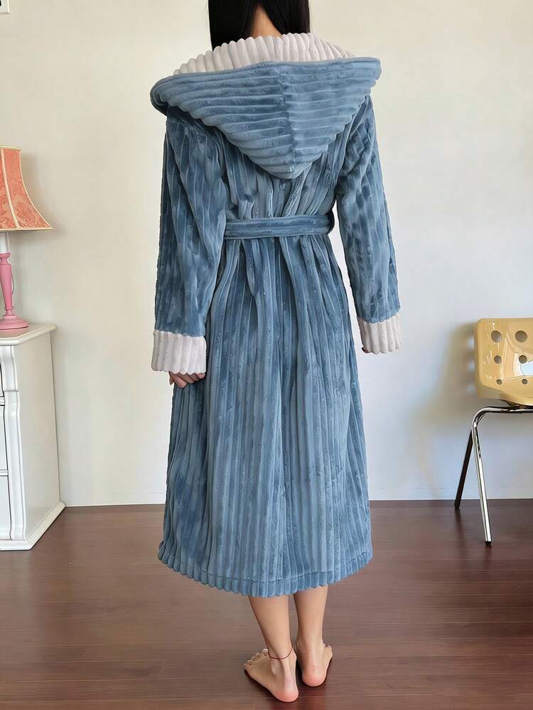 Women's Striped Textured Fleece Color Block Hooded Long Robe, Winter Loungewear