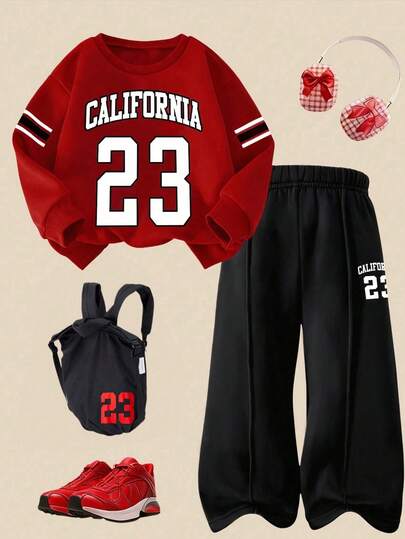 Casuvi Kids 2 件套女童休闲抓绒加州 23 图案长袖运动衫和裤子套装，秋冬