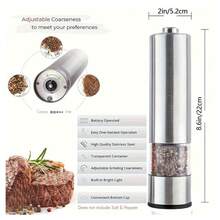 1个电动盐和胡椒研磨器，单手自动操作可调节不锈钢研磨器，自动胡椒研磨器，厨房用电子可调节胡椒研磨器（不含电池） - 銀色 - 查看 2