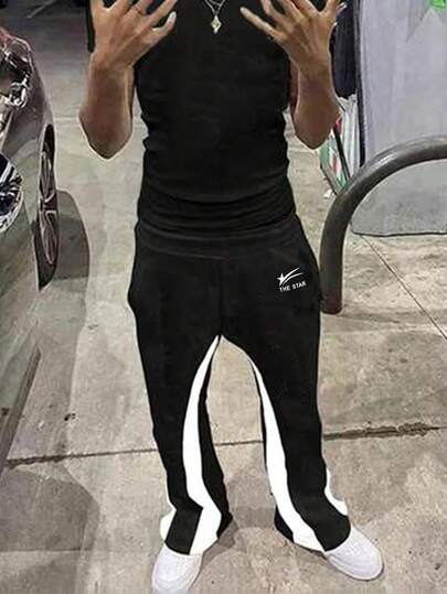 Coolqubz 1pc Teen Boy's High Street Simple Knit Patchwork Flare Pants, Comfortable Fabric, Snug Fit Fit, Spring New Arrival, Suitable For All Seasons, Versatile Color, Suitable For Multiple Occasions,Unisex Black Track Pants Teen Athletic Pants