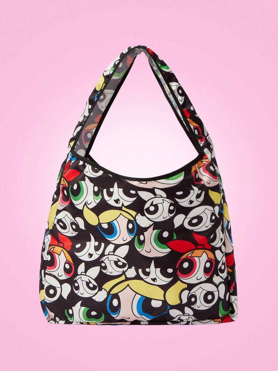 THE POWERPUFF GIRLS X SHEIN 1个女士时尚简约甜美可爱轻便黑色卡通印花单肩包，适合日常出行和购物 - 彩色 - 查看 1