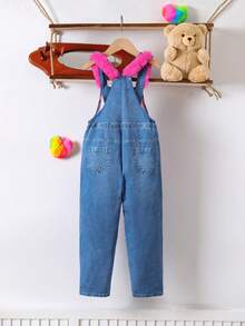 Sparklyn Young Girl Y2K Casual Street Style Cute Girl Portrait, Bow, Heart Denim Effect, Hand-Painted Graffiti Patchwork Fuchsia Fleece Bib Pants Overall - Multicolor - View 2