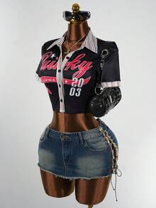 SaltGleam SaltGleam 女士时尚翻领纽扣字母条纹图案露脐紧身性感时尚休闲户外街头运动短袖露脐上衣 - 彩色 - 查看 4