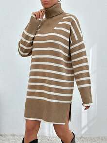 EURMUSE Women Blue And White Striped Knit Design Knit Dress With Zipper Detail Brunch Autumn French Casual - Camel - View 6