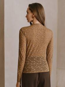 Anewsta Áo thun dài tay nữ thanh lịch họa tiết chấm bi hoa ren, chất liệu co giãn, thích hợp cho các bữa tiệc mùa xuân và ngày Valentine. - màu nâu - Xem 2