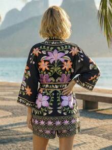 CAJUNI Women's Floral Print Loose Fit 3/4 Sleeve Kimono Cover Up - Black - View 5