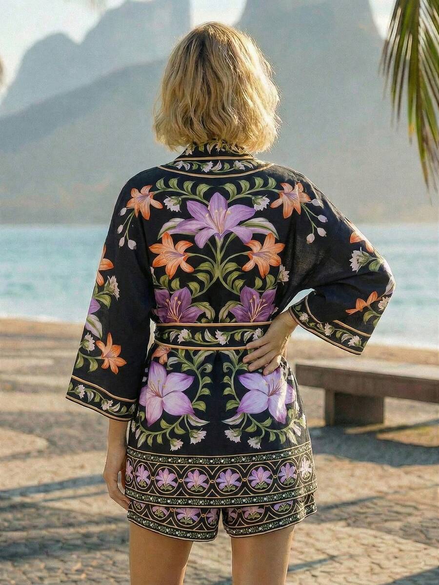 CAJUNI 女士印花宽松七分袖和服罩衫 - 黑色 - 查看 1