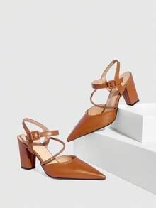 CUCCOO SZL Women's Pointed Toe Chunky Heel Ankle Strap Rhinestone Embellished Pumps, Brown, Classic Elegant Fashion Versatile Slip-On Mule Heels - Brown - View 2