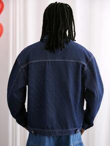 GALLERY FADE Men's Casual Street Style Multi-Pocket Striped Blue Denim Jacket - Dark Wash - View 3