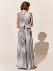 Poéselle 女士休闲度假风日常通勤撞色条纹印花纽扣后背无袖上衣和阔腿裤套装，春夏秋季 - 藍色 - 查看 8